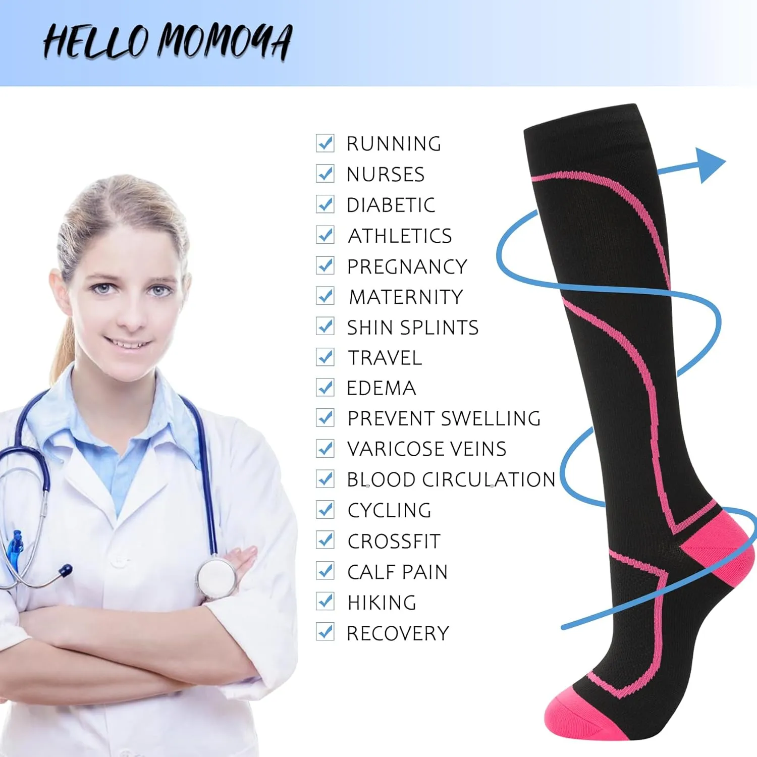 Compression Socks for Women Men Circulation Knee High 8 Pairs for Nurses, Running, Travel, Athletic