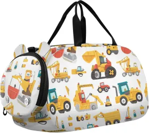 Construction Vehicles Girl's Gym Duffel Bag with Shoes Compartment Multifunctional Weekender Overnight Range Bag for Travel, Swimming, Dance, Ballet