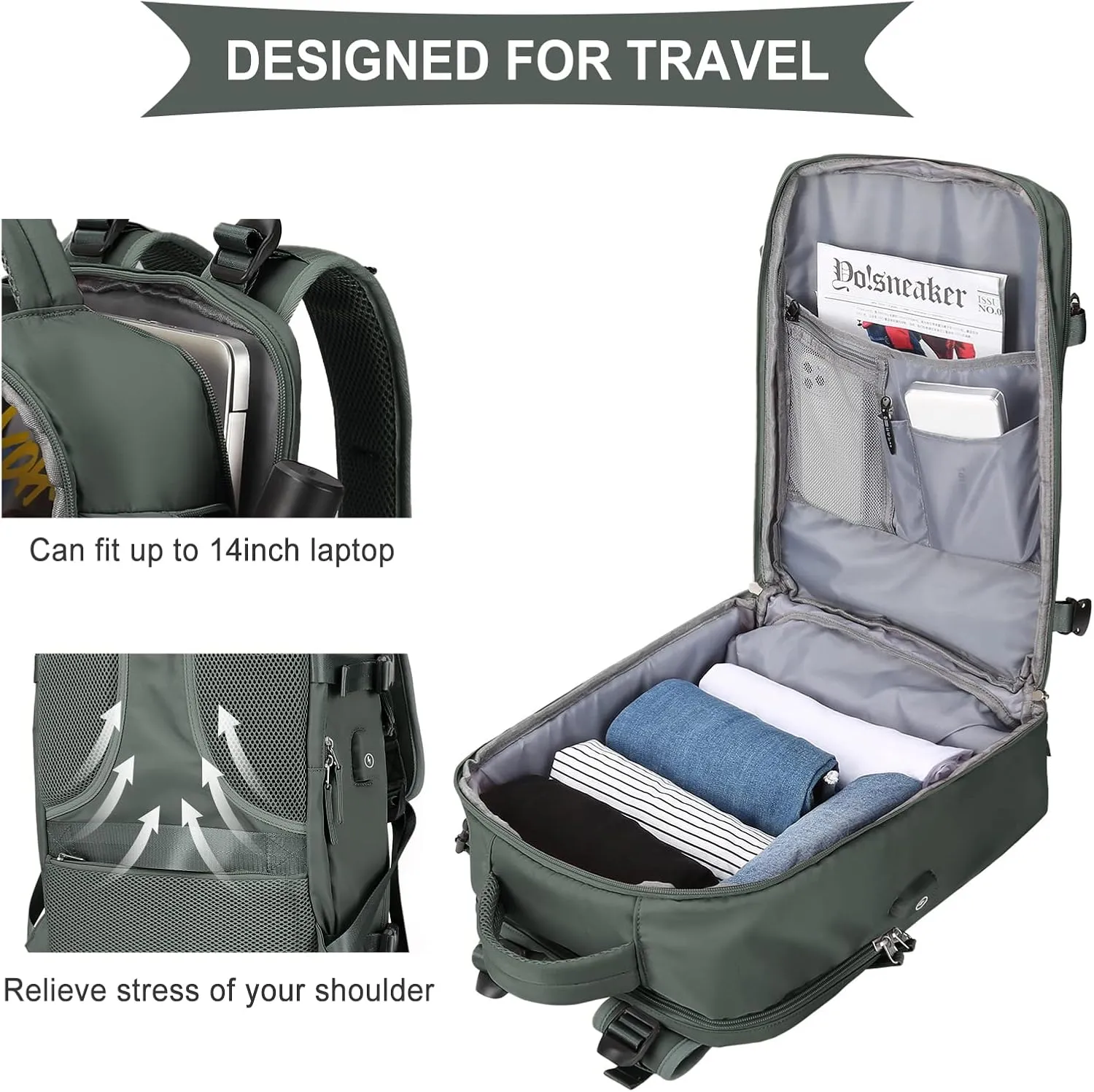 coowoz Large Travel Backpack For Women Men,Carry On Backpack,Hiking Backpack Waterproof Outdoor Sports Rucksack Casual Daypack Travel Essentials(Olive Green)