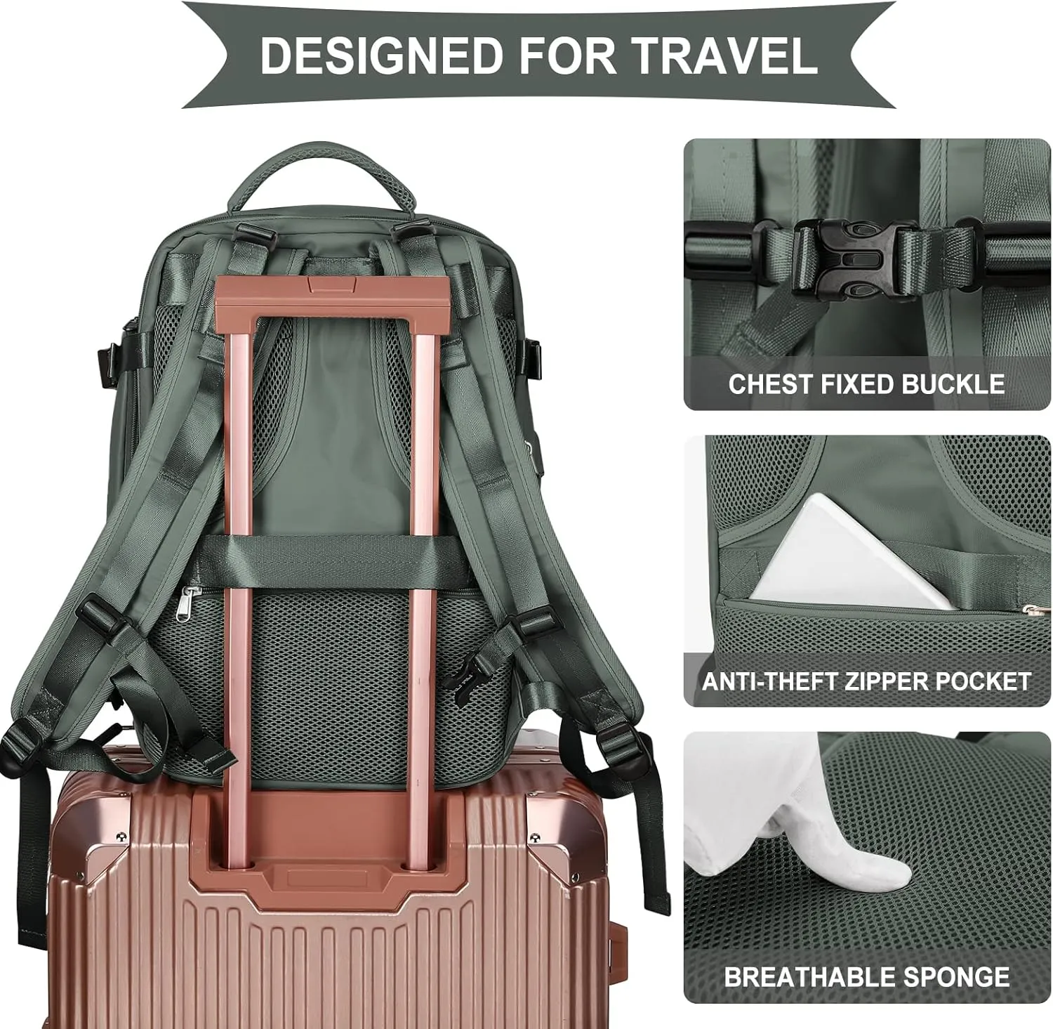 coowoz Large Travel Backpack For Women Men,Carry On Backpack,Hiking Backpack Waterproof Outdoor Sports Rucksack Casual Daypack Travel Essentials(Olive Green)