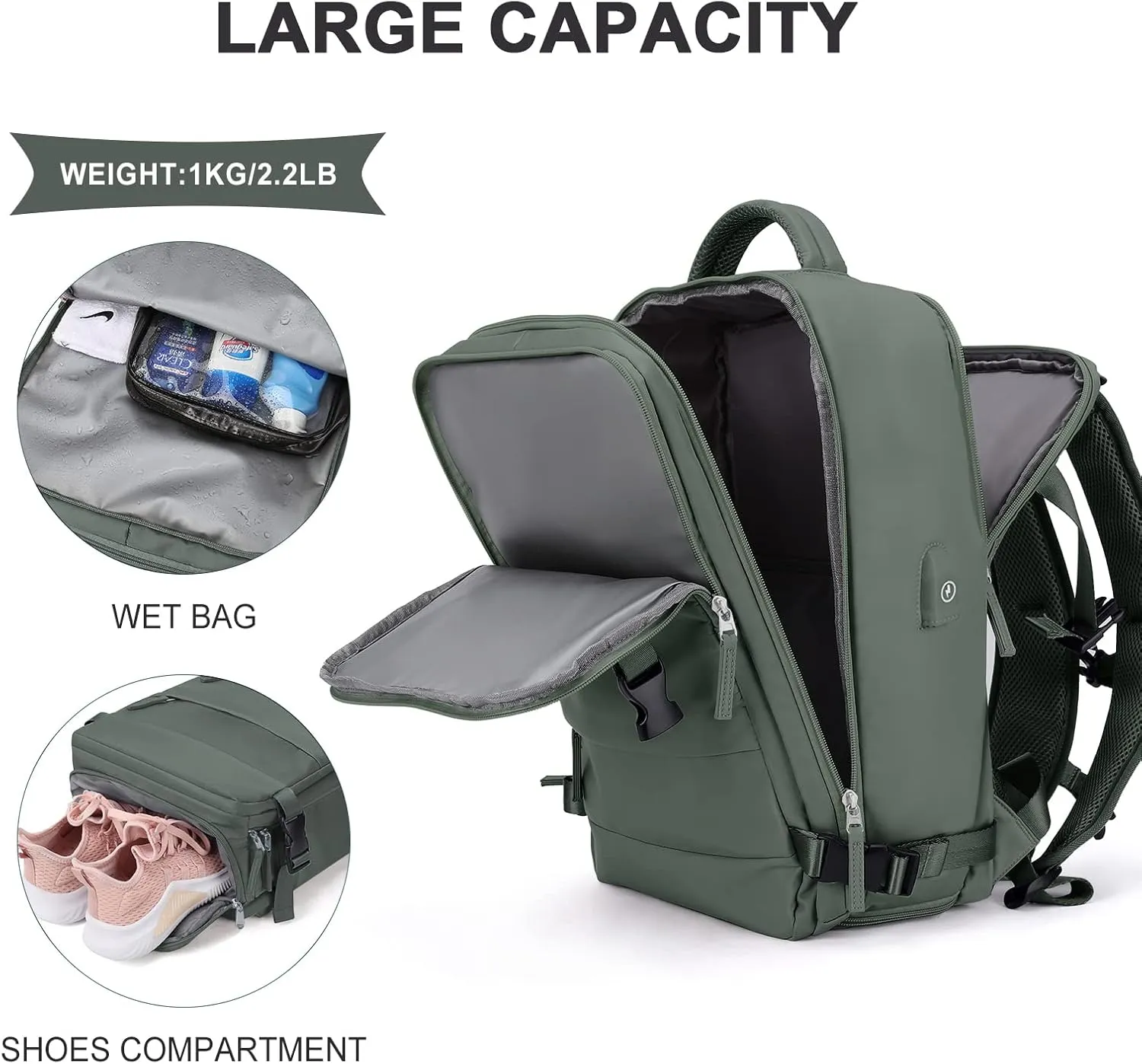 coowoz Large Travel Backpack For Women Men,Carry On Backpack,Hiking Backpack Waterproof Outdoor Sports Rucksack Casual Daypack Travel Essentials(Olive Green)