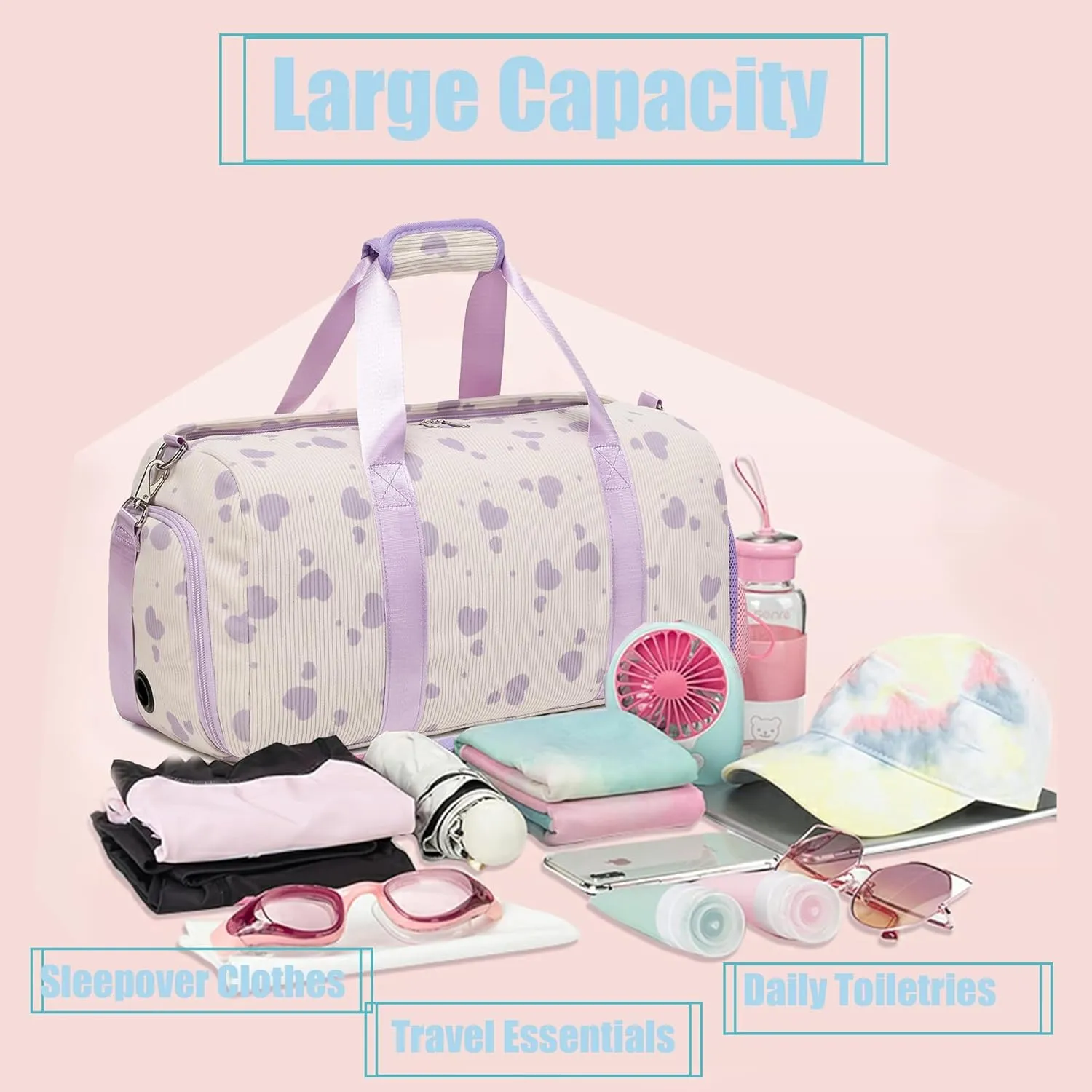 Corduroy Dance Bag Girls Duffle Bag Gymnastics Bag for Girls Overnight Bag Sleepover Bag with Shoe Compartment and Wet Pocket,Heart Shape