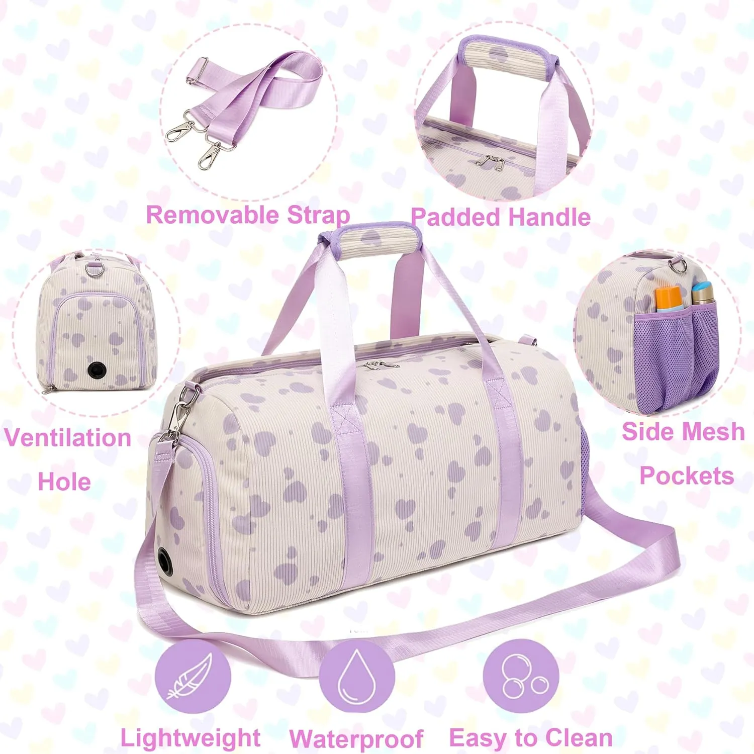 Corduroy Dance Bag Girls Duffle Bag Gymnastics Bag for Girls Overnight Bag Sleepover Bag with Shoe Compartment and Wet Pocket,Heart Shape