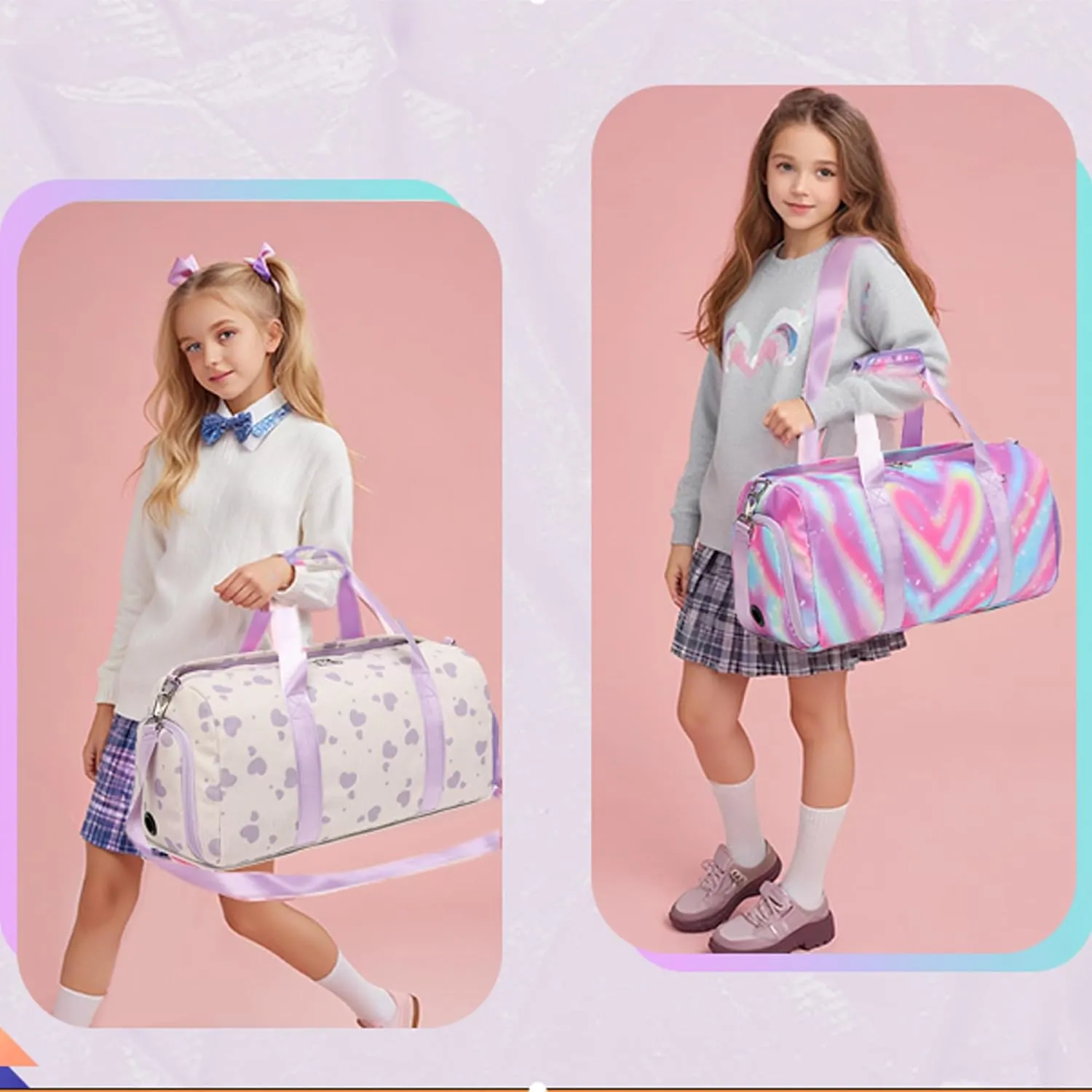 Corduroy Dance Bag Girls Duffle Bag Gymnastics Bag for Girls Overnight Bag Sleepover Bag with Shoe Compartment and Wet Pocket,Heart Shape