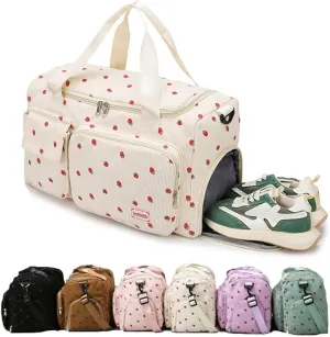 Corduroy Strawberry Sports Duffel Bag,Gym Bag with Shoe Compartment & Wet Pocket,Cute Travel Bag Weekend Bag Dance Bag for Girls (white)