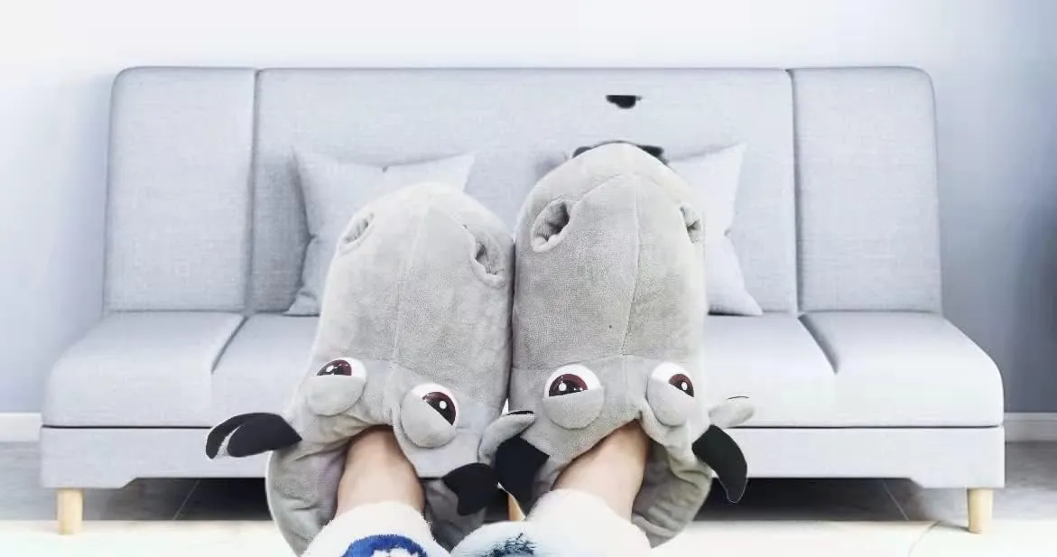 Cotton Hippo Slippers - Adult & Children Plush Animal Slippers - Gray