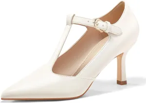 Coutgo Womens Mary Jane High Heels T Strap Closed Pointed Toe Pumps Buckle Work Office Dress Shoes