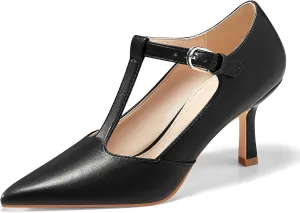 Coutgo Womens Mary Jane High Heels T Strap Closed Pointed Toe Pumps Buckle Work Office Dress Shoes