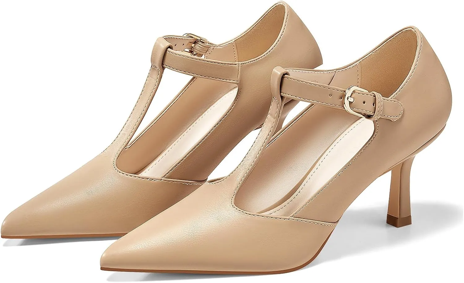 Coutgo Womens Mary Jane High Heels T Strap Closed Pointed Toe Pumps Buckle Work Office Dress Shoes
