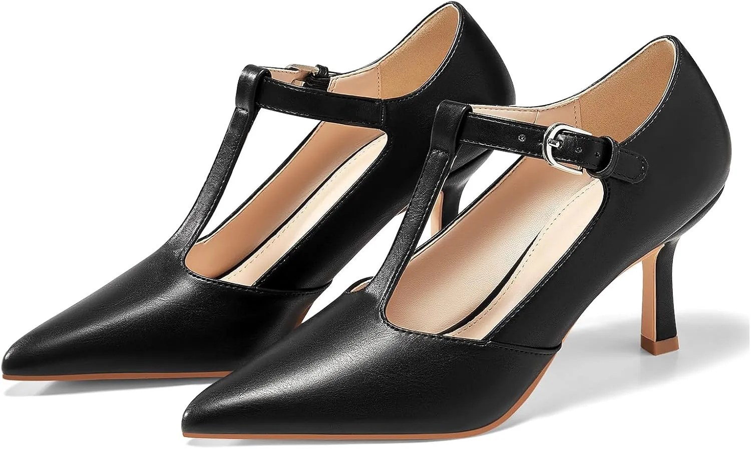 Coutgo Womens Mary Jane High Heels T Strap Closed Pointed Toe Pumps Buckle Work Office Dress Shoes