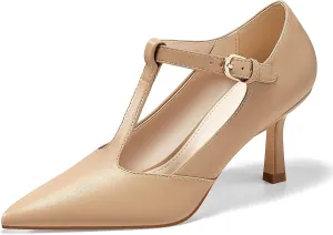 Coutgo Womens Mary Jane High Heels T Strap Closed Pointed Toe Pumps Buckle Work Office Dress Shoes