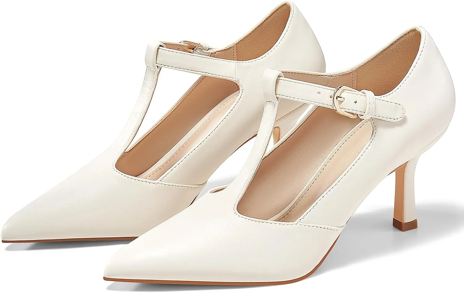 Coutgo Womens Mary Jane High Heels T Strap Closed Pointed Toe Pumps Buckle Work Office Dress Shoes