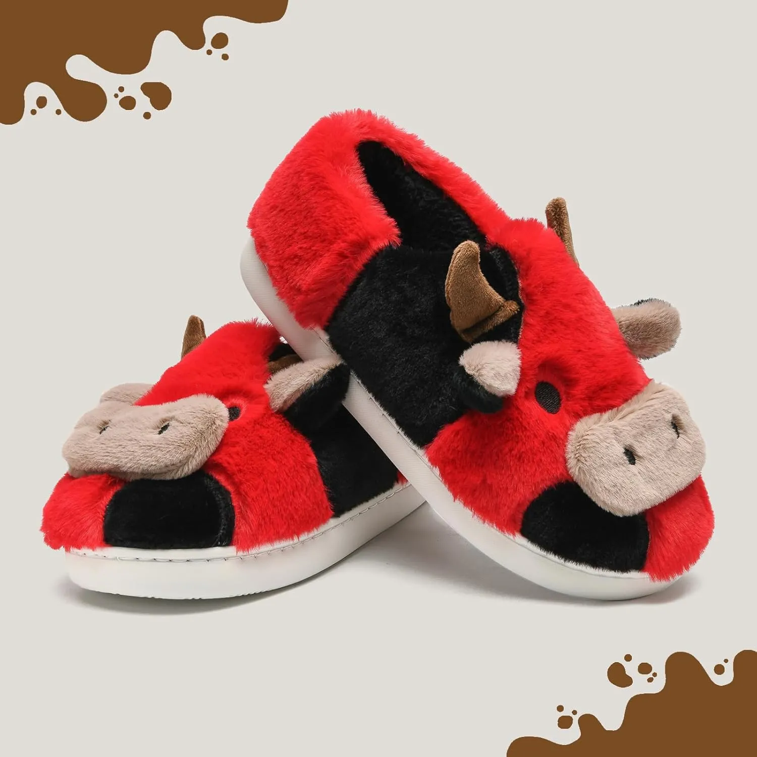 Cow Slippers for Women Men, Fluffy Cute Memory Foam Lightweight House Shoes Cozy Cartoon Slippers with Polar Fleece Lining Funny Furry Kawaii Bedroom Indoor and Outdoor