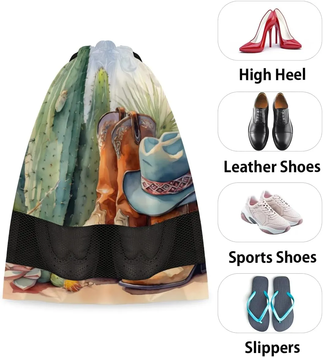 Cowboy Boots Cactus Shoe Bags for Travel 17" x 12.4" Travel Shoe Bags for Packing Portable Shoe Storage Bags Drawstring Bags Travel Essentials