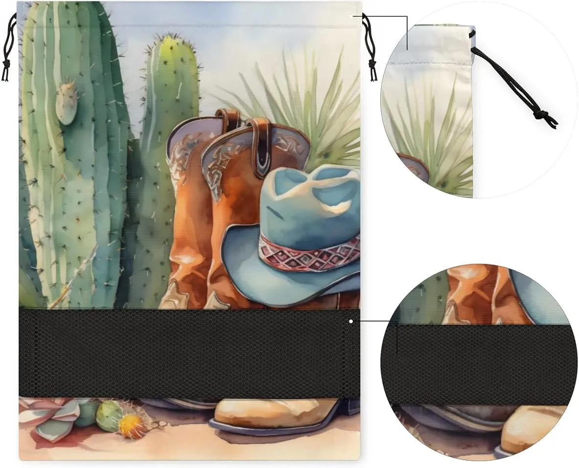 Cowboy Boots Cactus Shoe Bags for Travel 17" x 12.4" Travel Shoe Bags for Packing Portable Shoe Storage Bags Drawstring Bags Travel Essentials
