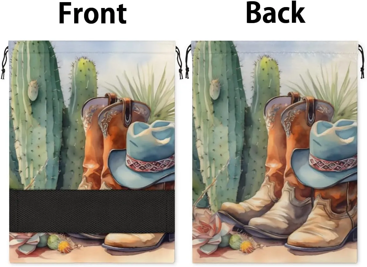 Cowboy Boots Cactus Shoe Bags for Travel 17" x 12.4" Travel Shoe Bags for Packing Portable Shoe Storage Bags Drawstring Bags Travel Essentials