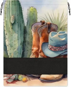 Cowboy Boots Cactus Shoe Bags for Travel 17" x 12.4" Travel Shoe Bags for Packing Portable Shoe Storage Bags Drawstring Bags Travel Essentials