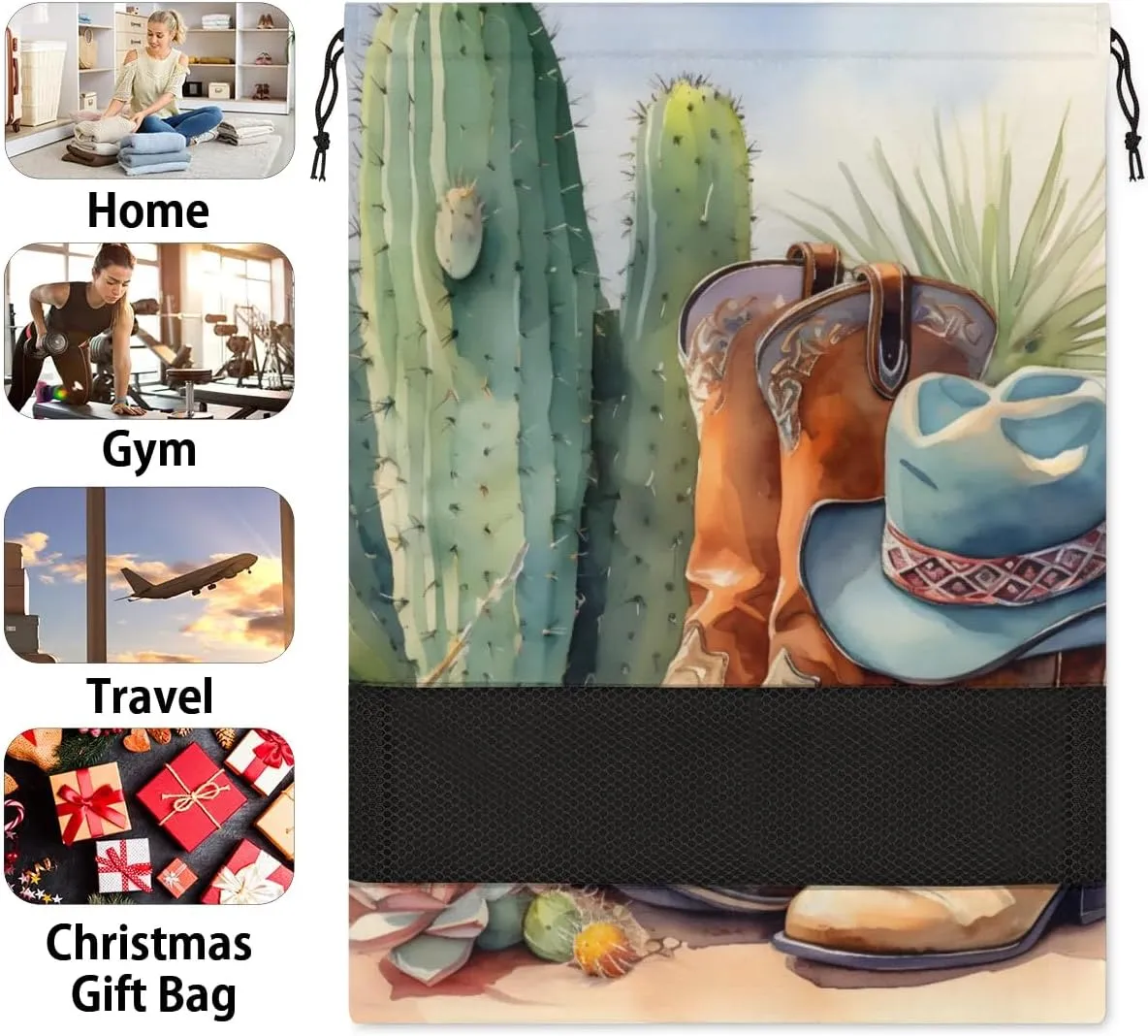 Cowboy Boots Cactus Shoe Bags for Travel 17" x 12.4" Travel Shoe Bags for Packing Portable Shoe Storage Bags Drawstring Bags Travel Essentials
