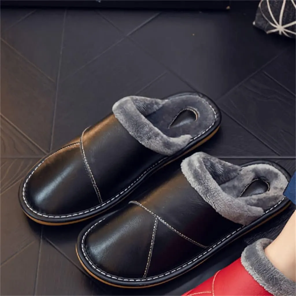 Cowhide home couple cotton slippers men winter home plus down warm indoor soft bottom