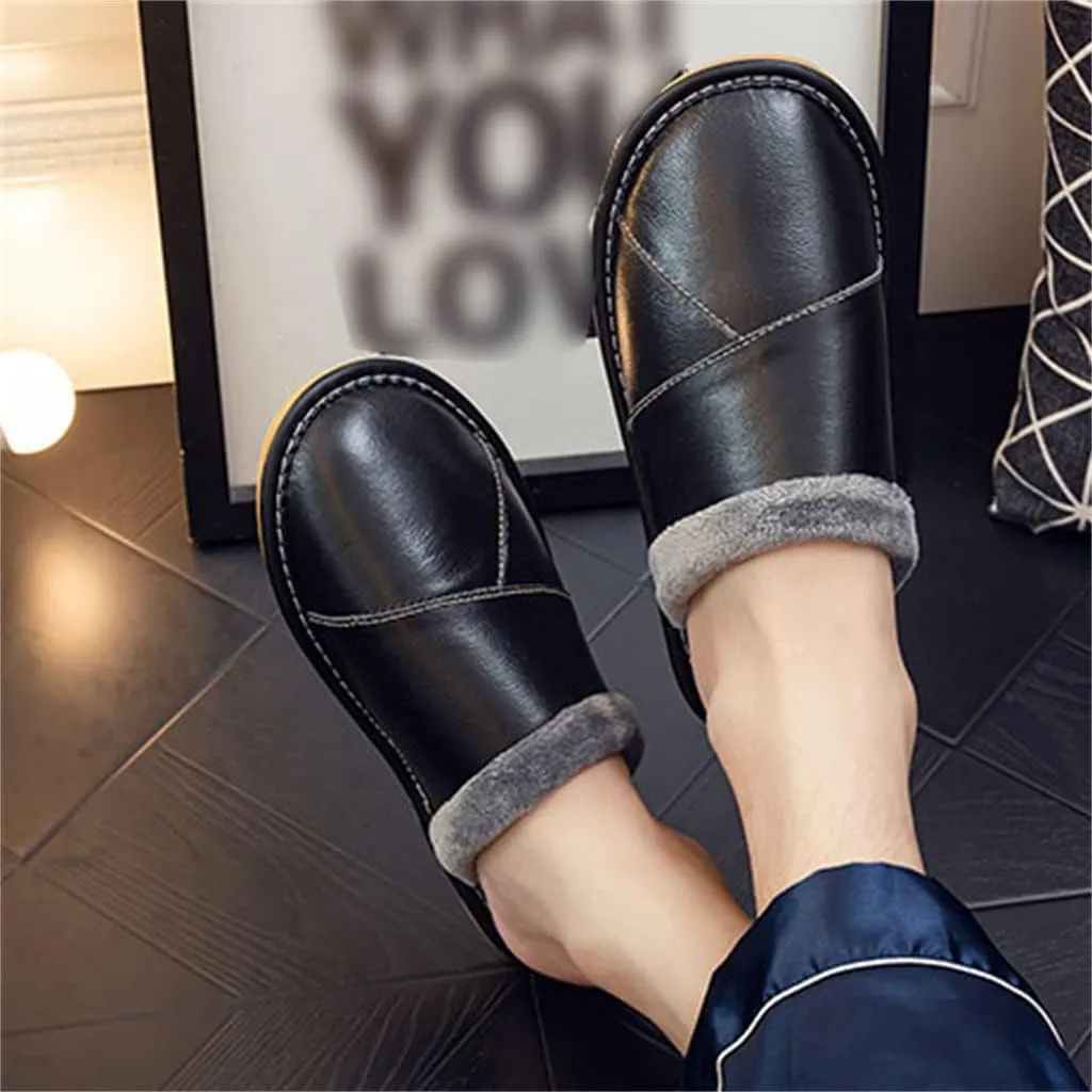 Cowhide home couple cotton slippers men winter home plus down warm indoor soft bottom