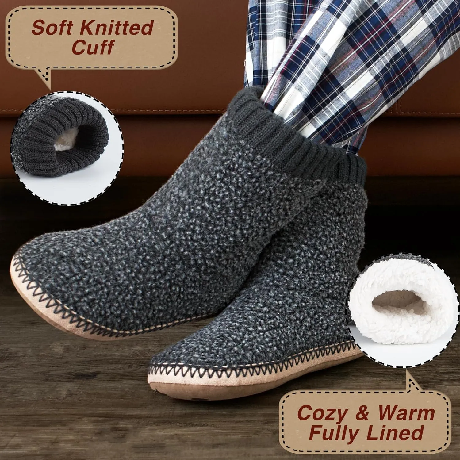 Cozy Boot Slippers for Men Indoor, Fuzzy House Shoes with Non Slip Gripper Soles, Soft Warm Moccasin Socks, Winter Gifts for Christmas Unique
