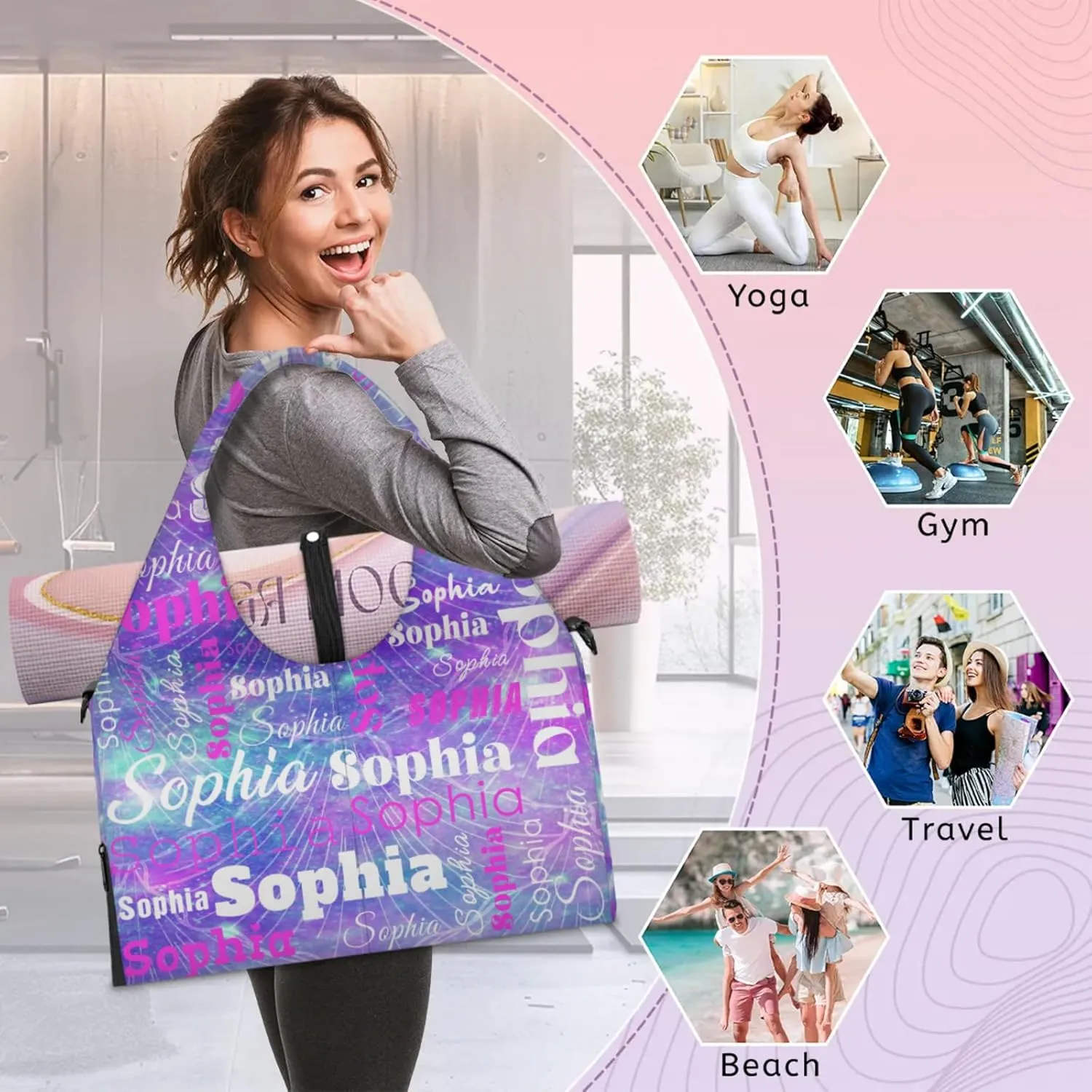 Custom Name Women Sports Gym Travel Bag with Shoes Compartment Personalized Yoga Mat Tote Bag for Pilates
