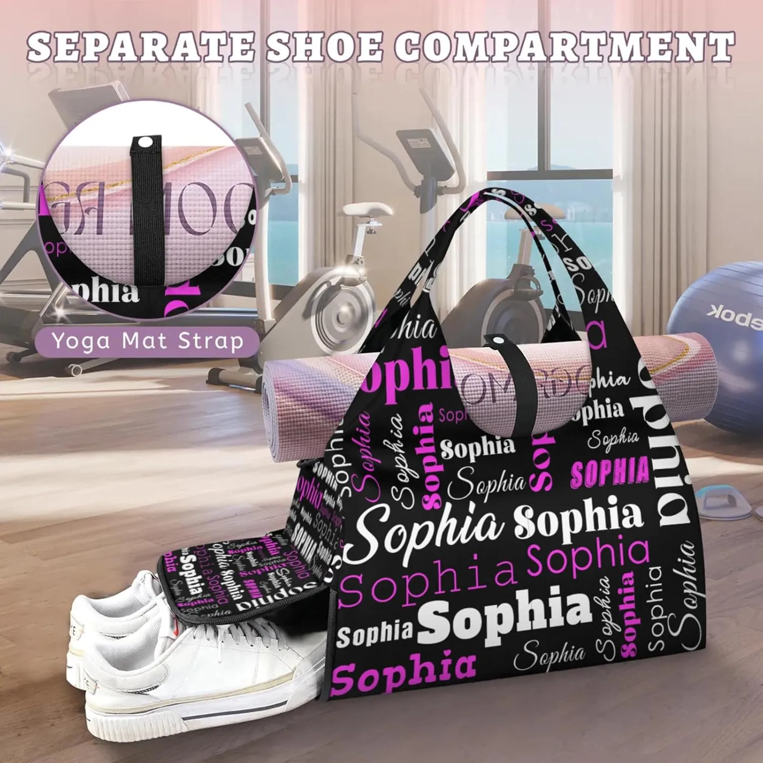 Custom Name Women Sports Gym Travel Bag with Shoes Compartment Personalized Yoga Mat Tote Bag for Pilates