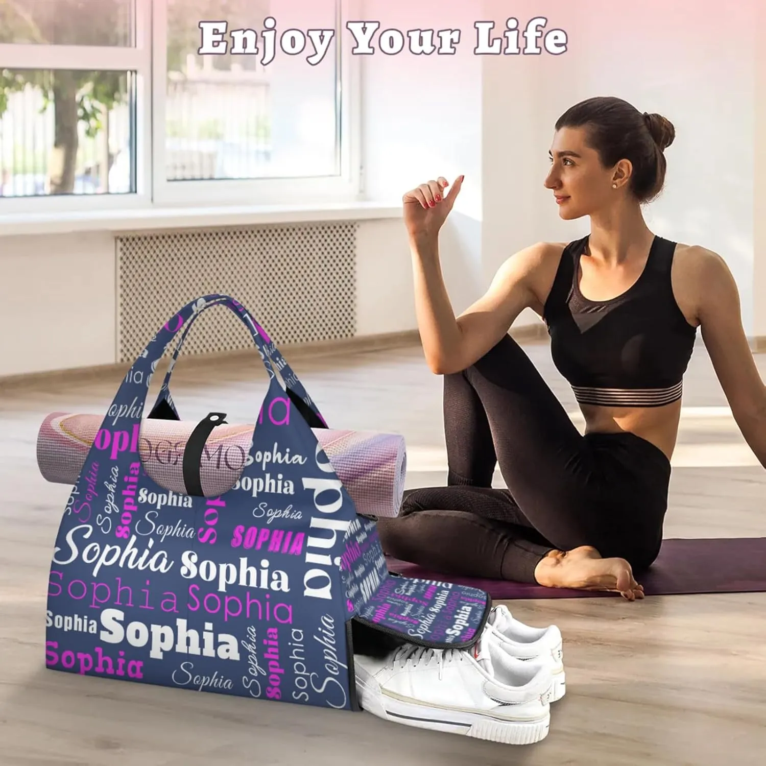 Custom Name Women Sports Gym Travel Bag with Shoes Compartment Personalized Yoga Mat Tote Bag for Pilates