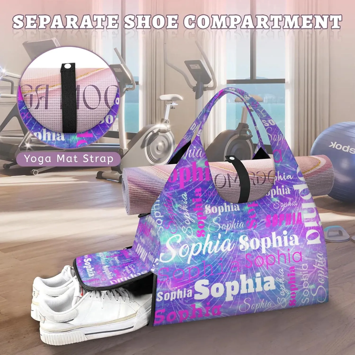 Custom Name Women Sports Gym Travel Bag with Shoes Compartment Personalized Yoga Mat Tote Bag for Pilates
