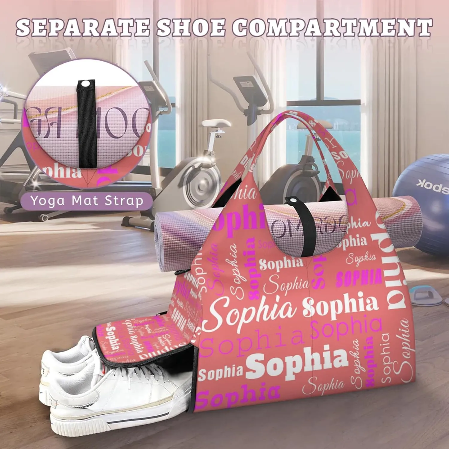 Custom Name Women Sports Gym Travel Bag with Shoes Compartment Personalized Yoga Mat Tote Bag for Pilates