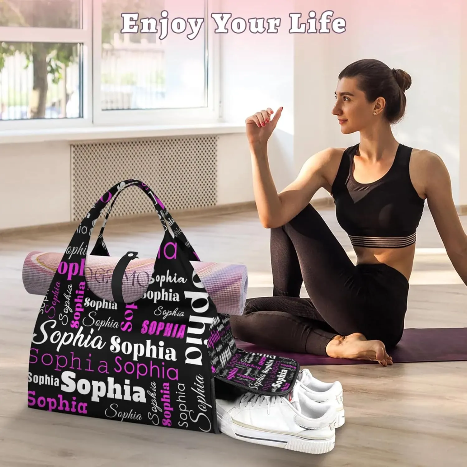 Custom Name Women Sports Gym Travel Bag with Shoes Compartment Personalized Yoga Mat Tote Bag for Pilates