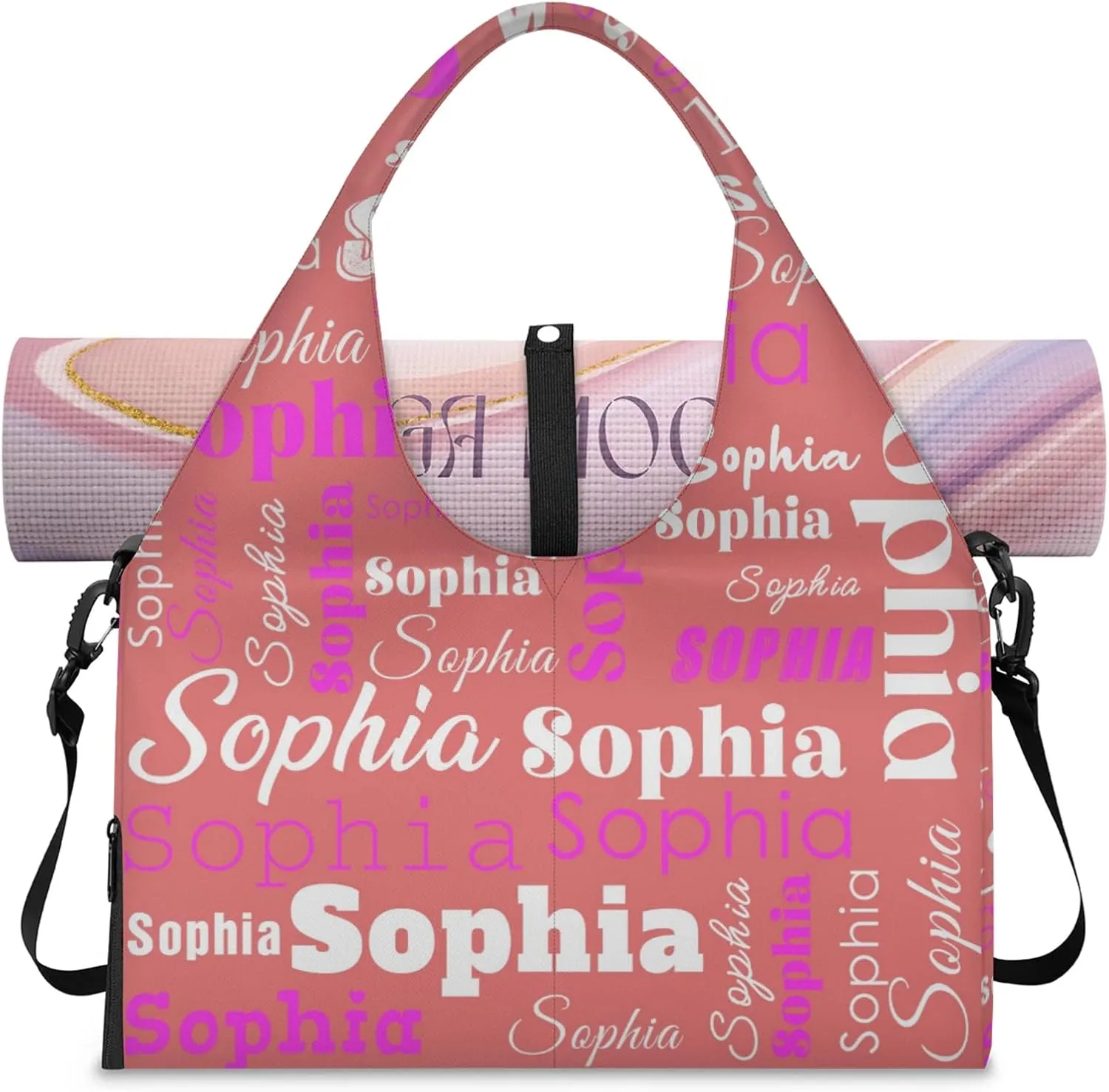 Custom Name Women Sports Gym Travel Bag with Shoes Compartment Personalized Yoga Mat Tote Bag for Pilates