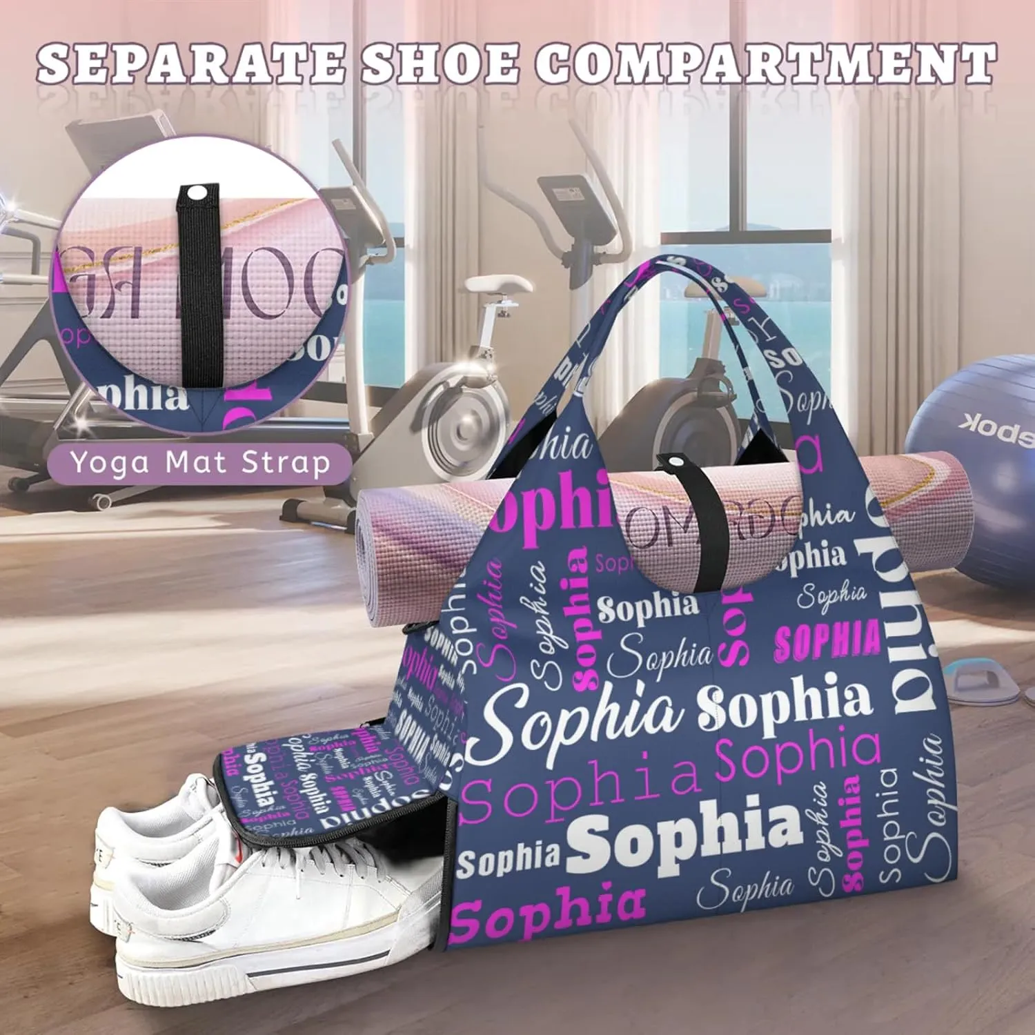 Custom Name Women Sports Gym Travel Bag with Shoes Compartment Personalized Yoga Mat Tote Bag for Pilates