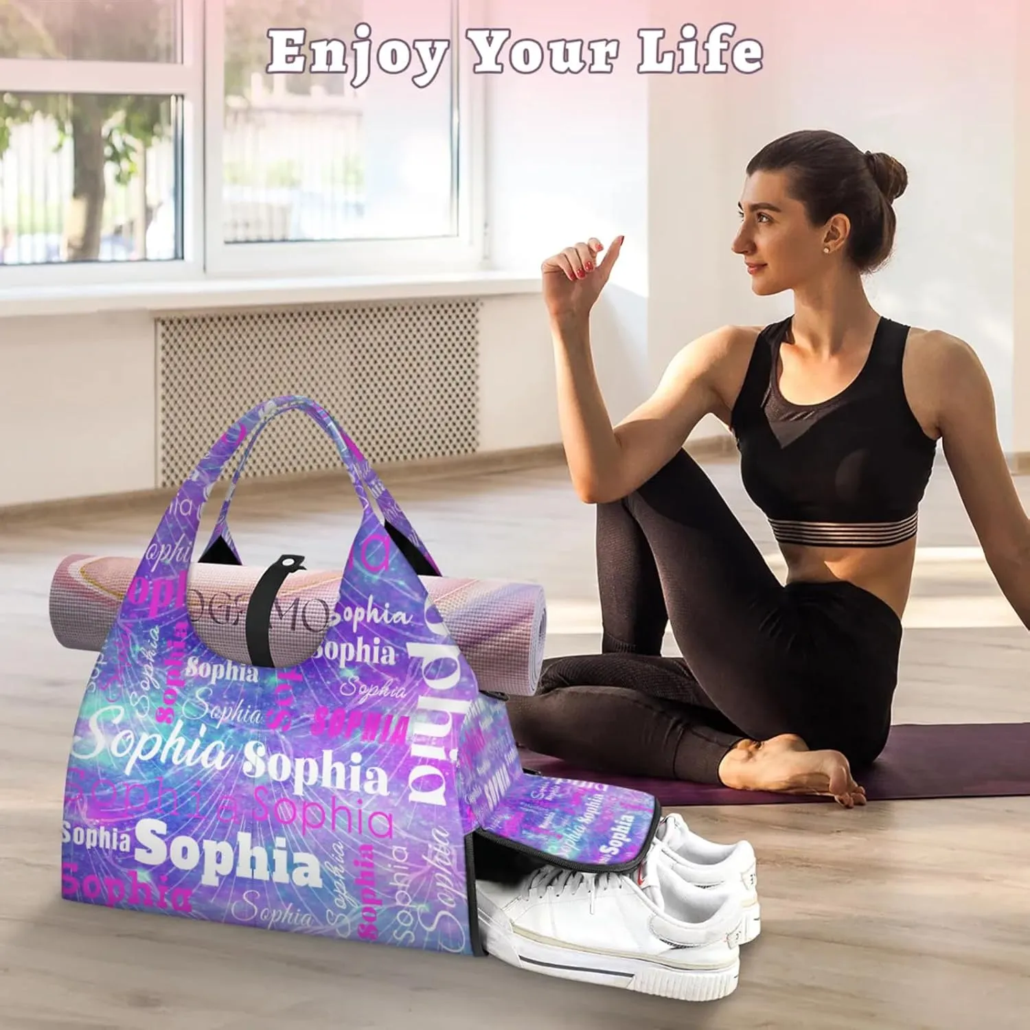 Custom Name Women Sports Gym Travel Bag with Shoes Compartment Personalized Yoga Mat Tote Bag for Pilates