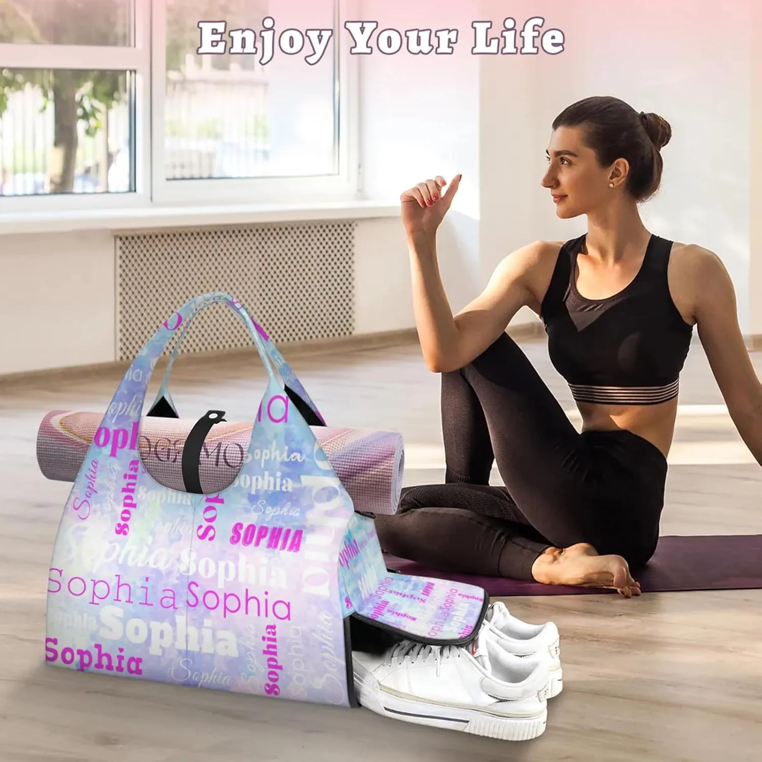 Custom Name Women Sports Gym Travel Bag with Shoes Compartment Personalized Yoga Mat Tote Bag for Pilates