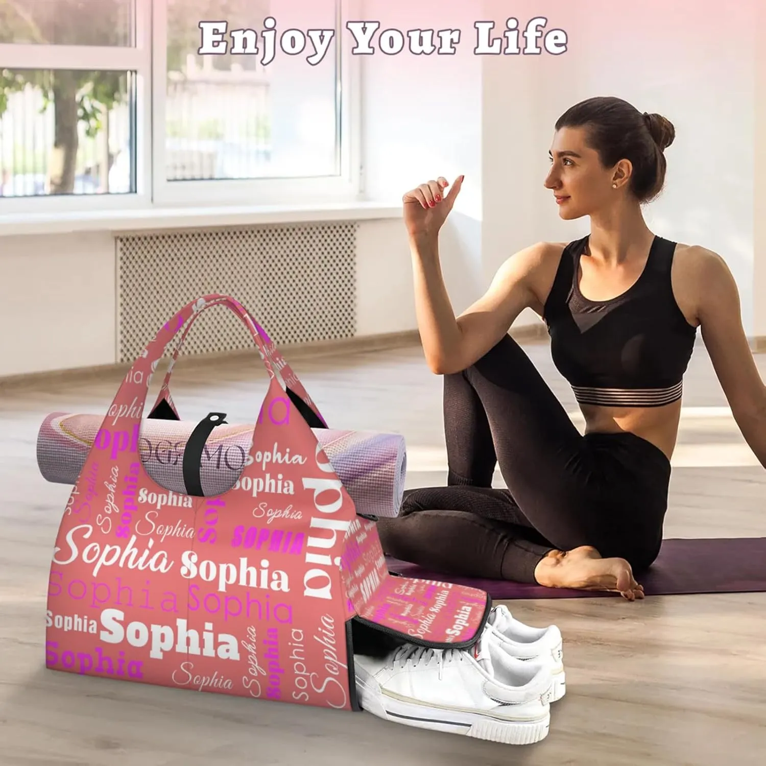 Custom Name Women Sports Gym Travel Bag with Shoes Compartment Personalized Yoga Mat Tote Bag for Pilates