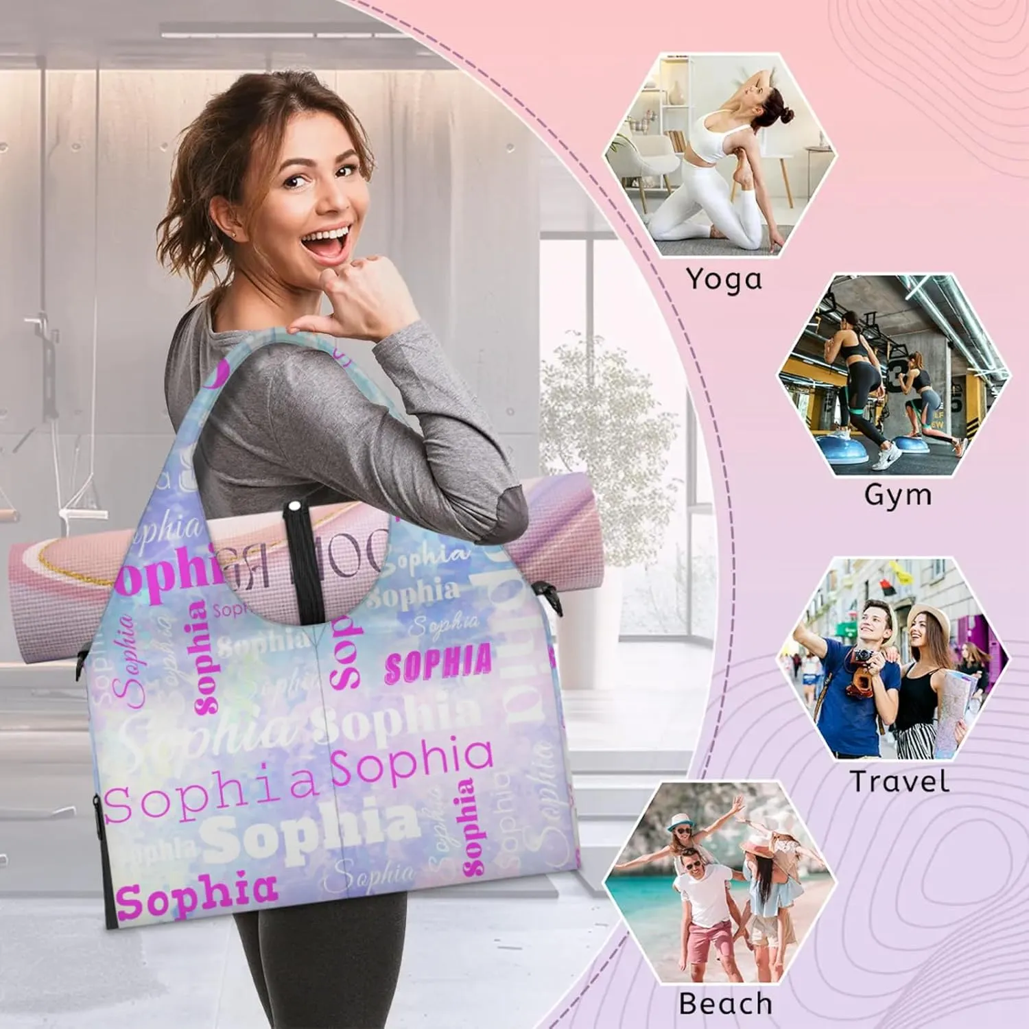 Custom Name Women Sports Gym Travel Bag with Shoes Compartment Personalized Yoga Mat Tote Bag for Pilates