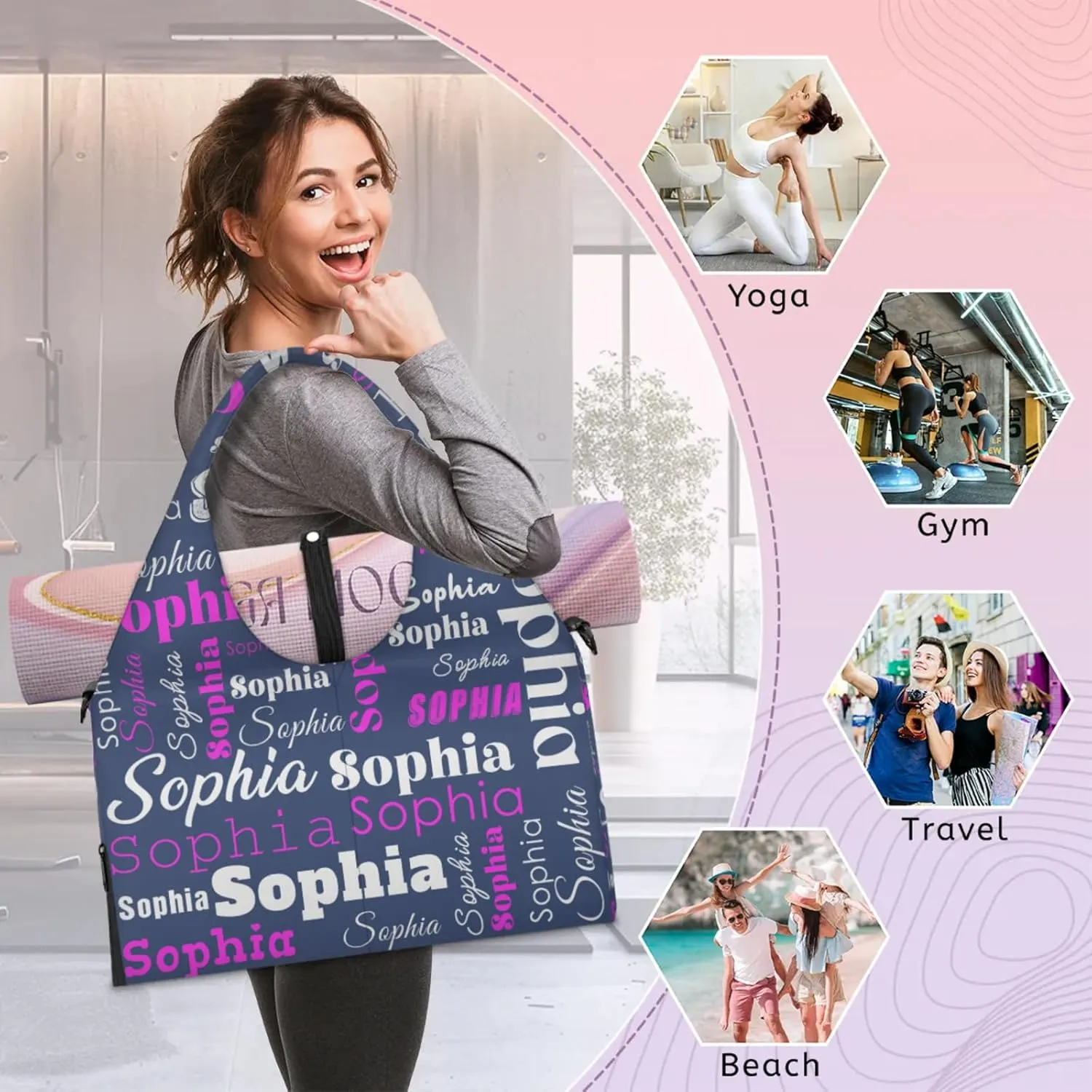 Custom Name Women Sports Gym Travel Bag with Shoes Compartment Personalized Yoga Mat Tote Bag for Pilates