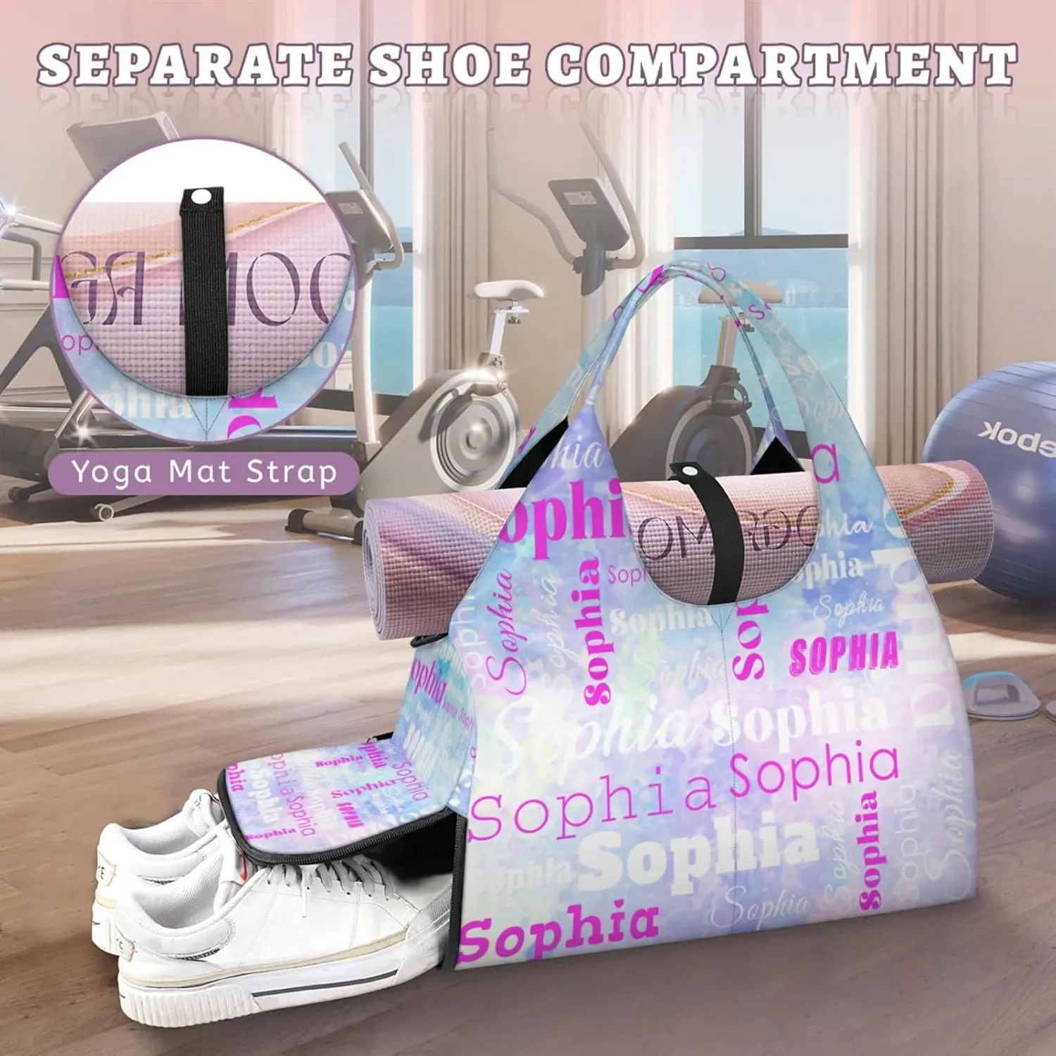 Custom Name Women Sports Gym Travel Bag with Shoes Compartment Personalized Yoga Mat Tote Bag for Pilates