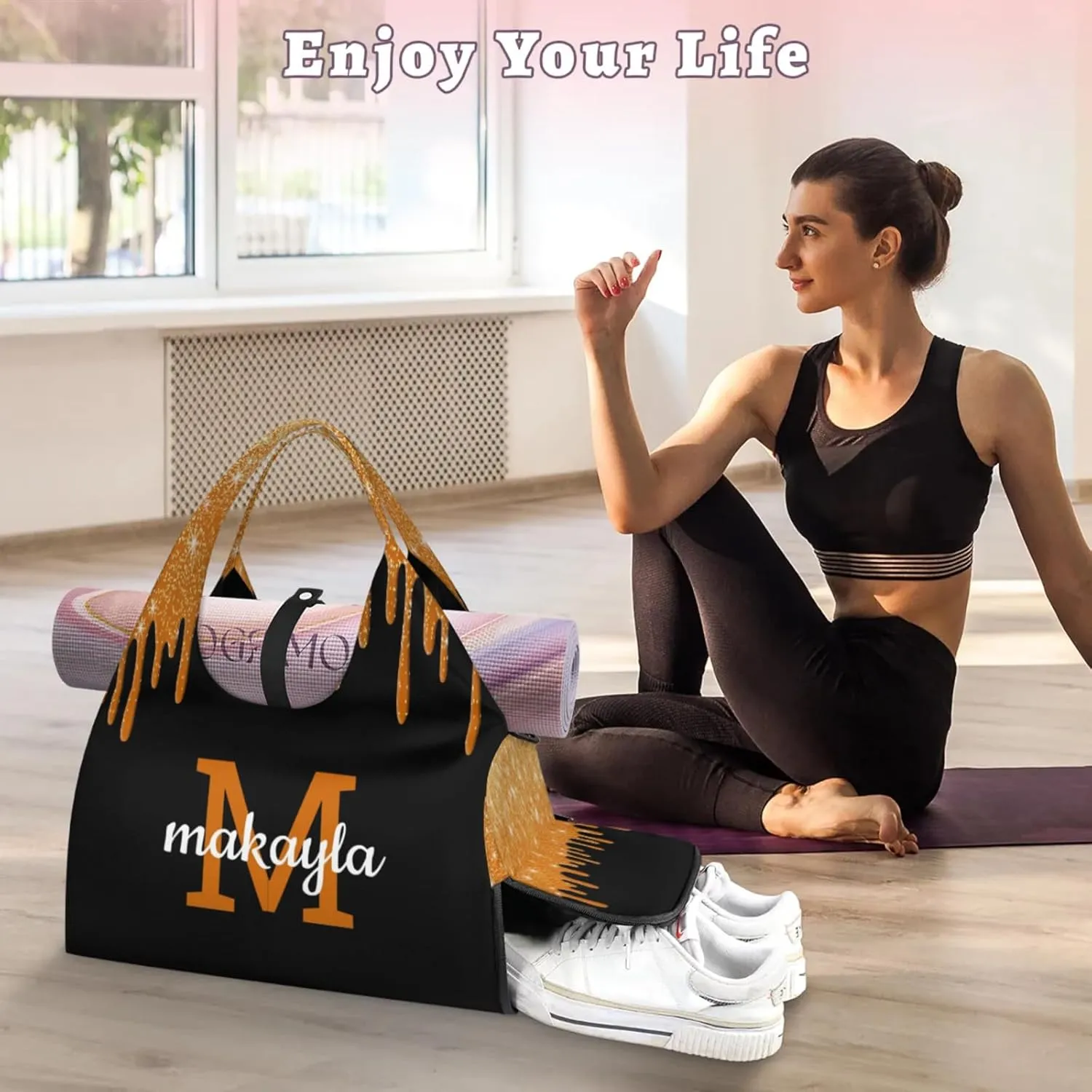 Custom Name Yoga Mat Bag for Women Personalized Sports Gym Duffle Shoulder Bags for Travel Pilates