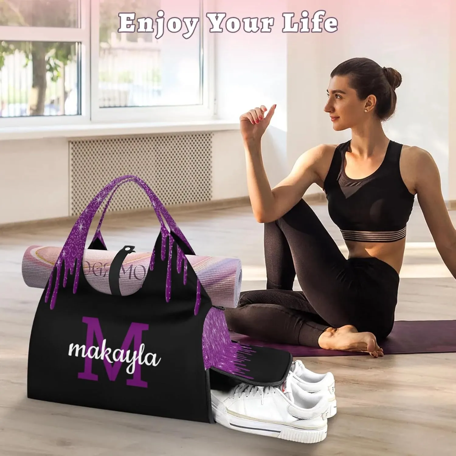 Custom Name Yoga Mat Bag for Women Personalized Sports Gym Duffle Shoulder Bags for Travel Pilates