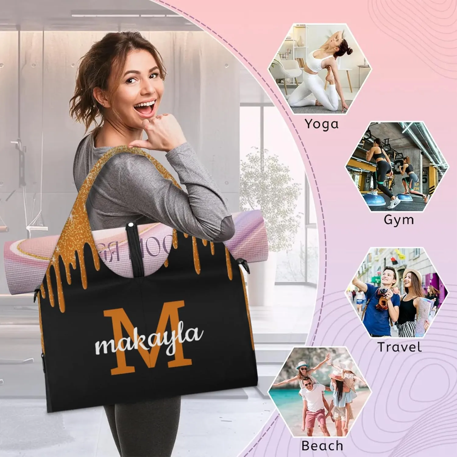 Custom Name Yoga Mat Bag for Women Personalized Sports Gym Duffle Shoulder Bags for Travel Pilates