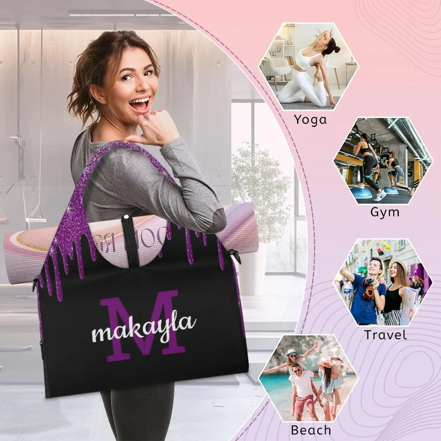 Custom Name Yoga Mat Bag for Women Personalized Sports Gym Duffle Shoulder Bags for Travel Pilates