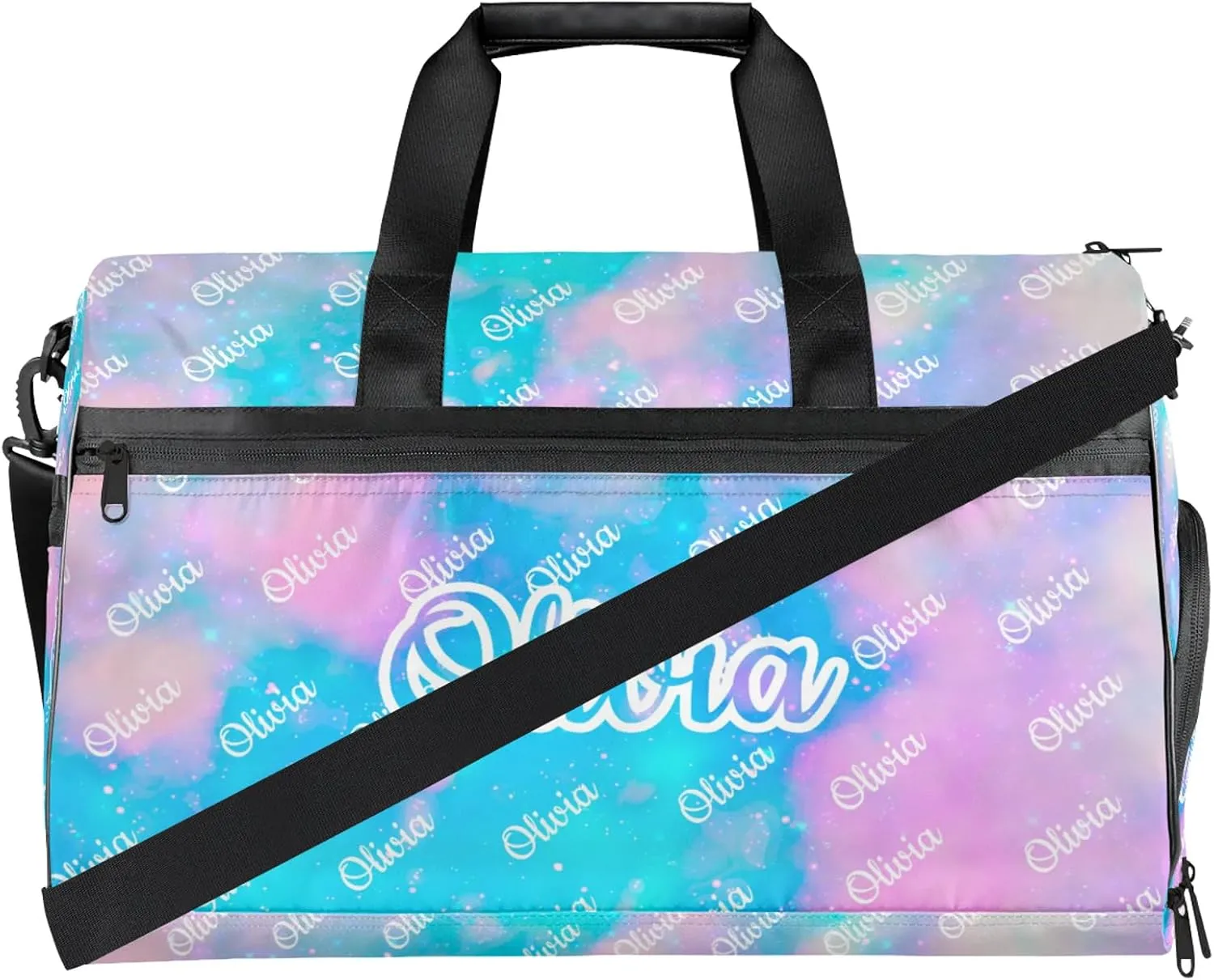 Custom Sport Duffel Bags with Shoe Compartment Personalized Name Travel Overnight Bag Waterproof Dance Bag Lightweight Carry-On Tote for Women Men, Blue Pink Glitter
