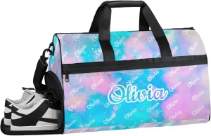 Custom Sport Duffel Bags with Shoe Compartment Personalized Name Travel Overnight Bag Waterproof Dance Bag Lightweight Carry-On Tote for Women Men, Blue Pink Glitter