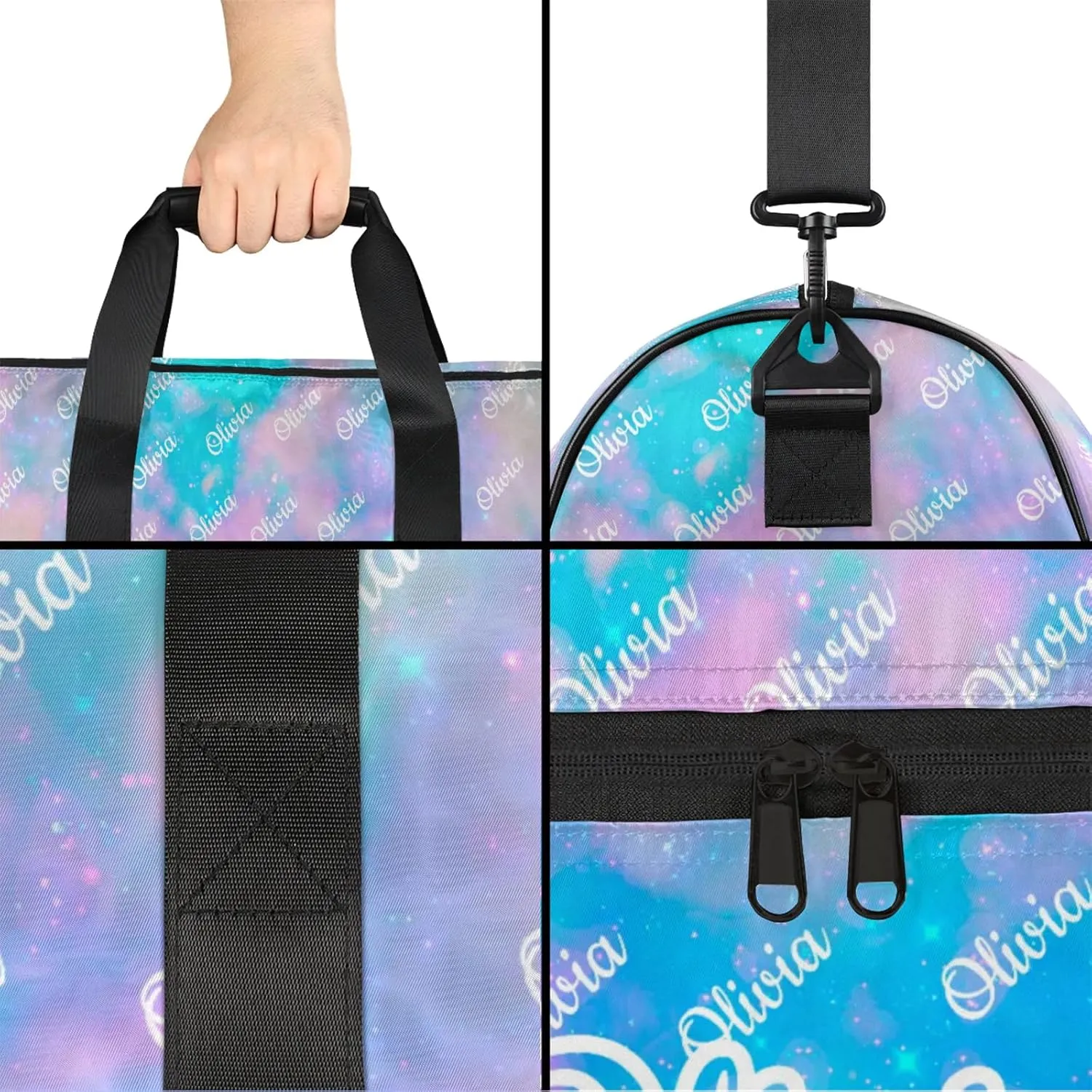 Custom Sport Duffel Bags with Shoe Compartment Personalized Name Travel Overnight Bag Waterproof Dance Bag Lightweight Carry-On Tote for Women Men, Blue Pink Glitter