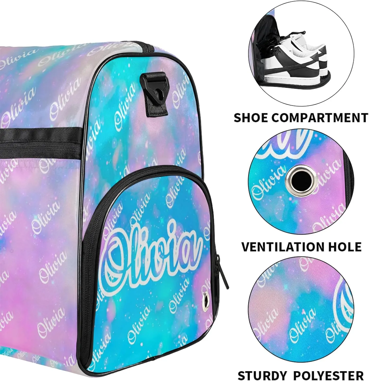 Custom Sport Duffel Bags with Shoe Compartment Personalized Name Travel Overnight Bag Waterproof Dance Bag Lightweight Carry-On Tote for Women Men, Blue Pink Glitter