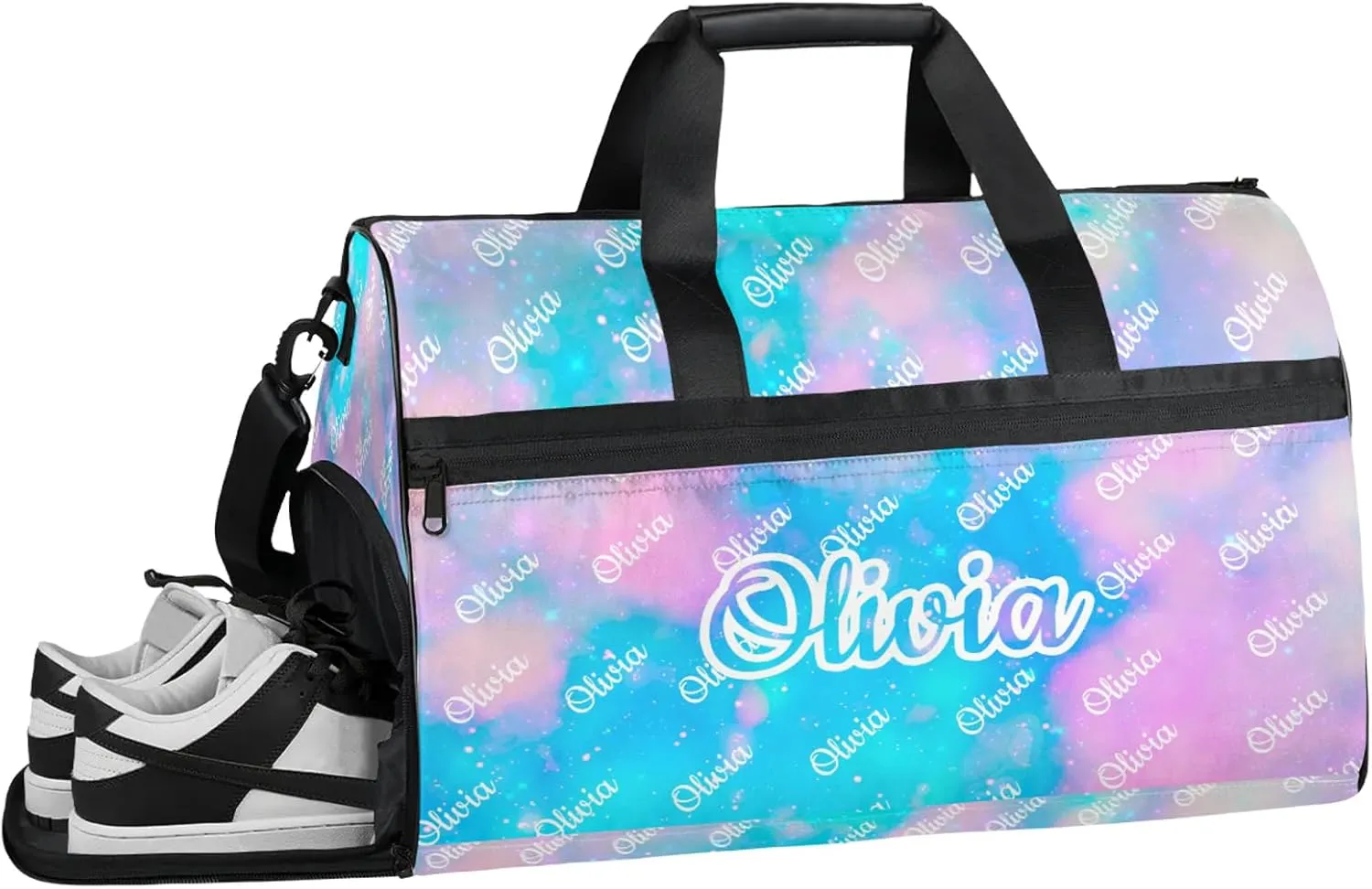 Custom Sport Duffel Bags with Shoe Compartment Personalized Name Travel Overnight Bag Waterproof Dance Bag Lightweight Carry-On Tote for Women Men, Blue Pink Glitter