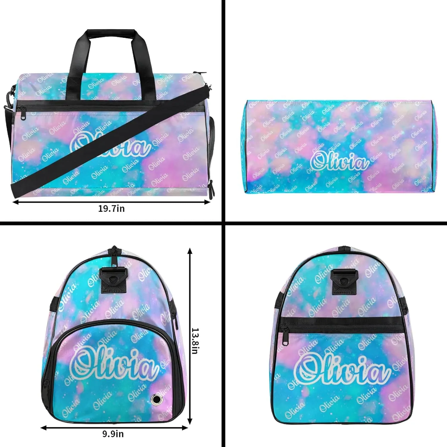Custom Sport Duffel Bags with Shoe Compartment Personalized Name Travel Overnight Bag Waterproof Dance Bag Lightweight Carry-On Tote for Women Men, Blue Pink Glitter