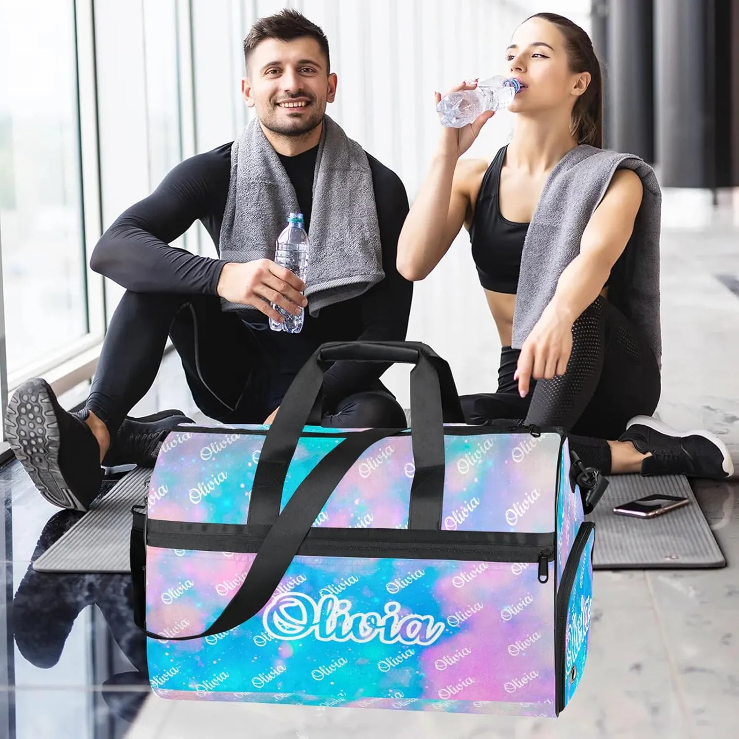 Custom Sport Duffel Bags with Shoe Compartment Personalized Name Travel Overnight Bag Waterproof Dance Bag Lightweight Carry-On Tote for Women Men, Blue Pink Glitter